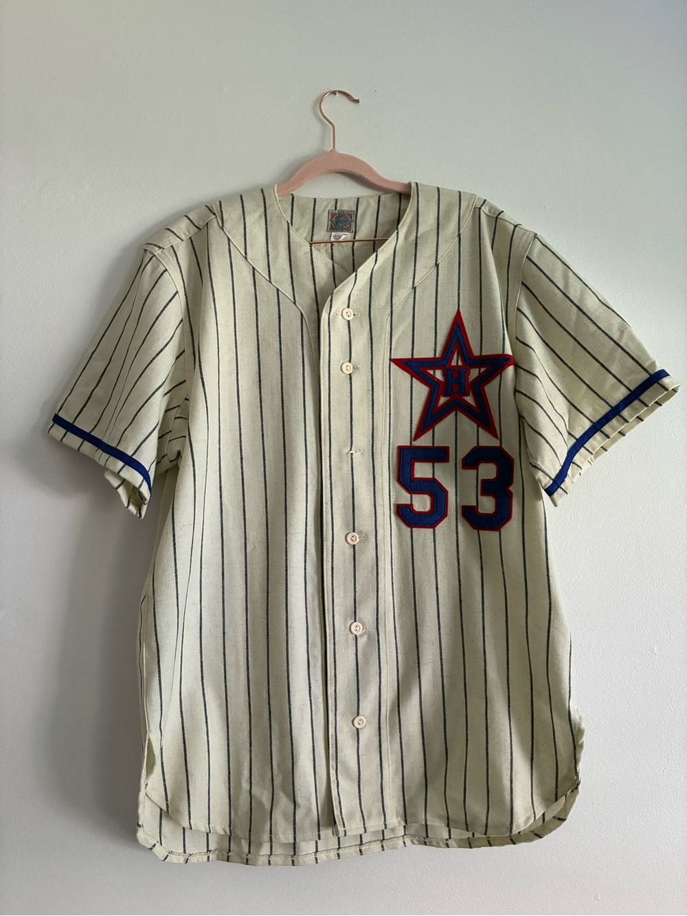 Ebbets Field Flannels Cream Pinstripe Baseball Jersey with Navy & Red Accents
